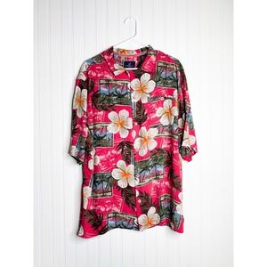 Caribbean Joe Tropical Hawaiian Button Front Shirt Pink Floral Palms Size XL